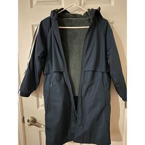 Navy Swim Parka Jacket Hooded Fleece Lined Long Coat Zip Pockets Warm Athletic